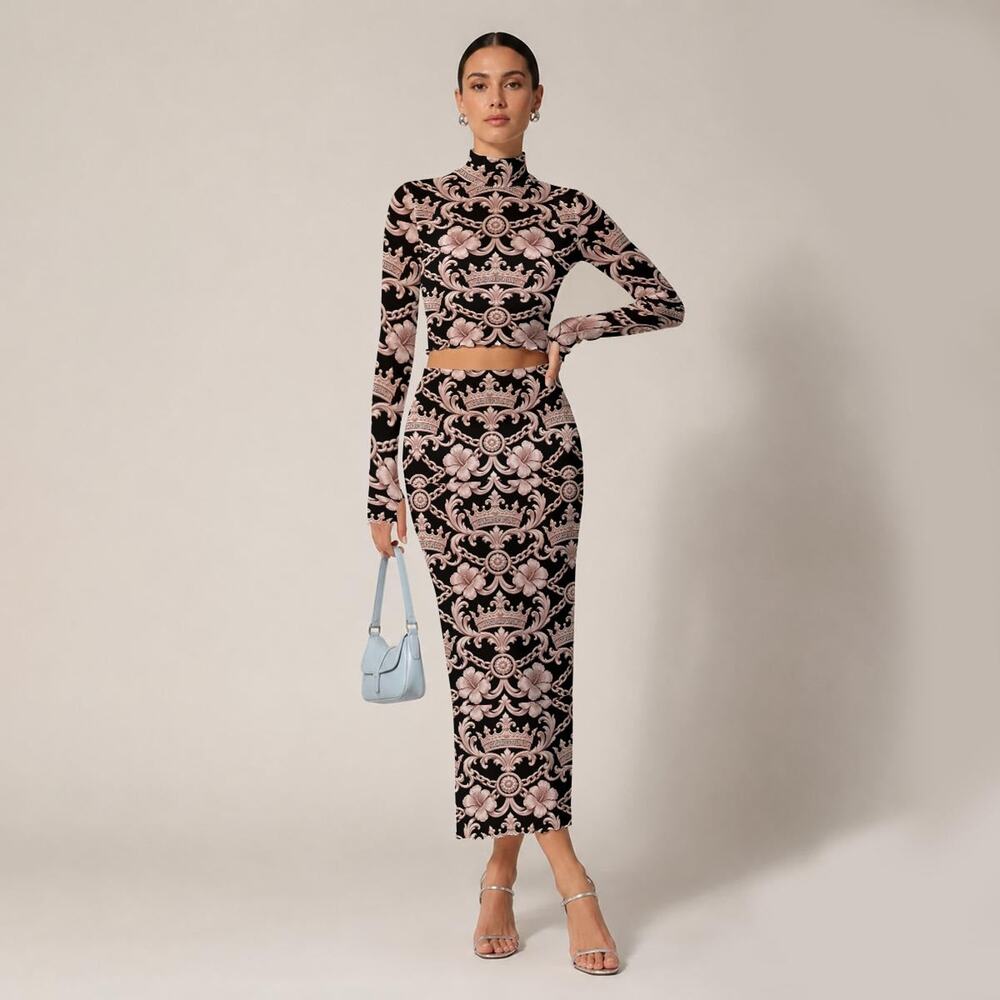 Kokorepublic Print Women's High Neck Skirt Set With Thumb Hole